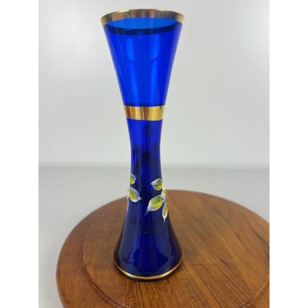 Vintage Cobalt Blue Bohemian Czech Hand Painted Bud Vase  Gold Trimmed ‎ Decor